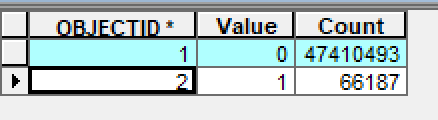 the attribute table that I get while using the command con(isnul(raster),0,1) with only two cells